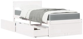 Κρεβάτι με Συρτάρια+Στρώμα Λευκό 90x200 εκ. Μασίφ Ξύλο Πεύκου - Λευκό