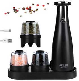 Ηλεκτρικός Μύλος Μπαχαρικών Adler AD 4449B, 3 τμχ, 150 ml, USB, Μπαταρία Li-Ion 1500mAh, Κεραμικές λεπίδες, Μαύρο