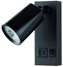 Σποτ Φωτιστικό Τοίχου LED 5W 3000K ON/OFF Υποδοχή USB Plus Eurolamp-145-22070-Μαύρο 145-22070