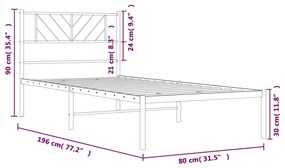 Πλαίσιο Κρεβατιού με Κεφαλάρι Μαύρο 75 x 190 εκ. Μεταλλικό - Μαύρο