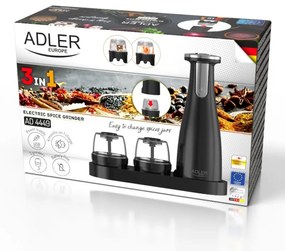 Ηλεκτρικός Μύλος Μπαχαρικών Adler AD 4449B, 3 τμχ, 150 ml, USB, Μπαταρία Li-Ion 1500mAh, Κεραμικές λεπίδες, Μαύρο