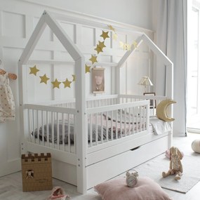Κρεβάτι Παιδικό Montessori Flori Plus με κάγκελα + Συρτάρι σε Λευκό Χρώμα  90×200cm  Luletto (Δώρο 10% έκπτωση στο Στρώμα)