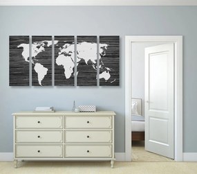 Πέντε μέρη εικόνα χάρτη του κόσμου σε ξύλο σε μαύρο & άσπρο - 200x100