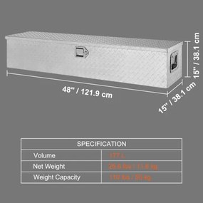 VEVOR Heavy Duty Aluminum Truck Bed Tool Box, Diamond Plate Tool Box with Side Handle and Lock Keys, Storage Tool Box Chest Box Organizer for Pickup, Truck Bed, RV, Trailer, 48&quot;x15&quot;x15&quot;, Silver
