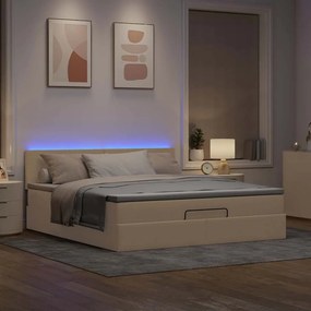 vidaXL Οθωμανικό κρεβάτι με στρώμα &amp; LEDs Cream 160x200cm ύφασμα