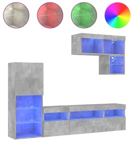 vidaXL Έπιπλα Τοίχου Τηλεόρασης 6 τεμ. LED Γκρι Σκυρ. από Επεξ. Ξύλο