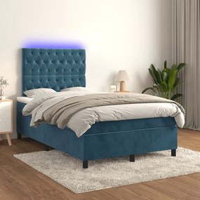 Κρεβάτι Boxspring με Στρώμα &amp; LED Σκ. Μπλε 120x190εκ. Βελούδινο - Μπλε