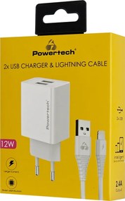 POWERTECH φορτιστής τοίχου PT-1325 με καλώδιο Lightning, 2x USB, 12W, λευκός