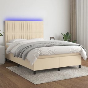 vidaXL Κρεβάτι Boxspring με Στρώμα &amp; LED Κρεμ 140x190 εκ. Υφασμάτινο