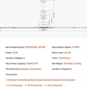 VEVOR 244 cm Aluminum Ceiling Fan Without Light Remote Control Brushed Nickel
