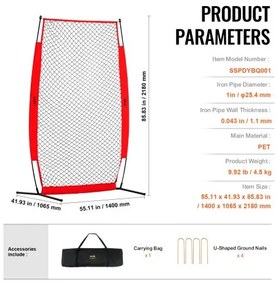 VEVOR I Screen Baseball for Batting Cage, 7x4 ft Baseball &amp; Softball Safety Screen, Body Protector Portable Batting Screen with Carry Bag &amp; Ground Stakes, Baseball Pitching Net for Pitchers Protection