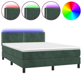 vidaXL Κρεβάτι Boxspring με Στρώμα & LED Σκ. Πράσινο 140x200εκ Βελούδο