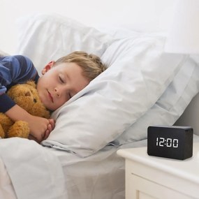 Ξύλινο Επιτραπέζιο Ψηφιακό Ρολόι με οθόνη LED, Ξυπνητήρι, Θερμόμετρο - Μαύρο