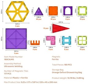 VEVOR Magnetic Tiles Magnetic Building Toy 180 PCS Magnet Blocks for Kids 3D Set