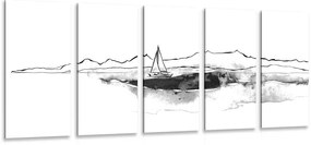 Σκάφος με εικόνα 5 μερών στη θάλασσα σε ασπρόμαυρο