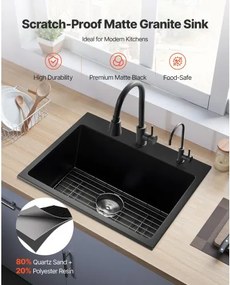 VEVOR 63 cm Granite Kitchen Sink Top Mount Single Bowl Drop-In Basin for RV Bar