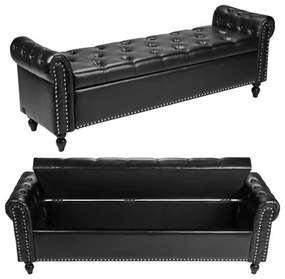VEVOR Button-Tufted Storage Ottoman Bench Rolled Arm PU Leather Wood Legs Black