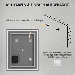 HOMCOM καθρέφτης μπάνιου με φωτισμό 90x70 cm LED καθρέφτης τοίχου με λειτουργία μνήμης 3 χρώματα φωτός Ασημί