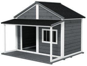 PawHut Σπιτάκι σκύλου εξωτερικού χώρου, με βεράντα, ανθεκτικό στις καιρικές συνθήκες, 124 cm x 112 cm x 105 cm, γκρι + λευκό