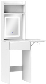 HOMCOM Συμπαγές τραπέζι μακιγιάζ με καθρέφτη και φωτισμό LED, αναδιπλούμενη επιφάνεια, ανοιχτά ράφια, συρτάρι, MDF, λευκό