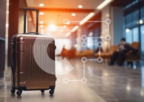 Intra Συλλεκτικό Ξύλινο Παζλ Plywood  4mm - Καφέ βαλίτσα στο λόμπι του αεροδρομίου με ανθρώπους Σε Ξύλινο Κουτί - Διαστάσεις Puzzle: 10x10 cm – 25 κομμάτια