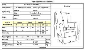 ALMA Πολυθρόνα - Μπερζέρα Σαλονιού - Καθιστικού Φυσικό, Teddy Ύφασμα Ανοιχτό Γκρι, K/D 69x76x97cm