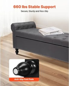 VEVOR Button-Tufted Storage Ottoman Bench Rolled Arm PU Leather Wood Legs Gray