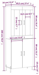 Ντουλάπι Γυαλιστερό Λευκό 69,5x34x180 εκ. Επεξεργασμένο Ξύλο - Λευκό