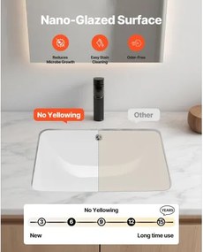 VEVOR Undermount Bathroom Sink, 515 x 385 mm Rectangular White Ceramic Vessel Sink with Overflow Hole, Under Counter Drop in Modern Lavatory Vanity Bath Wash Bowl Basin, Rectangle for Small Space