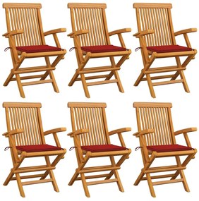 Καρέκλες Κήπου 6 τεμ. από Μασίφ Ξύλο Teak με Κόκκινα Μαξιλάρια - Κόκκινο