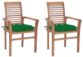 Καρέκλες Τραπεζαρίας 2 τεμ. Μασίφ Ξύλο Teak Πράσινα Μαξιλάρια