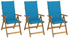 Καρέκλες Κήπου Πτυσσόμενες 3 τεμ. από Ξύλο Ακακίας με Μαξιλάρια - Μπλε