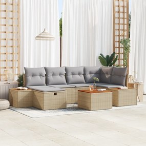 vidaXL Σετ 7 Τεμαχίων Καναπέ Κήπου με Μαξιλάρια Μπεζ Πολυ Ράτανα