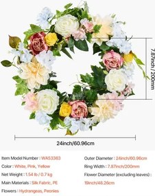 VEVOR Artificial Decorative Wreath 24 in White Pink Yellow Peonies Hydrangeas