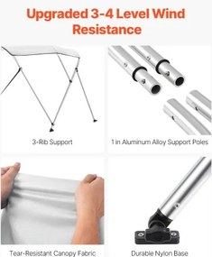 VEVOR 3 Bow Boat Bimini Tops 6 ft Long 600D Polyester Awning Canopy Light Grey