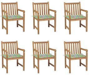 Καρέκλες Κήπου 6 τεμ. Μασίφ Ξύλο Teak &amp; Μαξιλάρια Σχέδιο Φύλλων - Καφέ