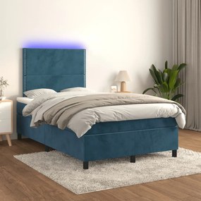 vidaXL Κρεβάτι Boxspring με Στρώμα &amp; LED Σκ. Μπλε 120x190εκ. Βελούδινο
