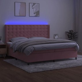 vidaXL Κρεβάτι Boxspring με Στρώμα &amp; LED Ροζ 200x200 εκ. Βελούδινο