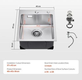 VEVOR 40cm Kitchen Sink Top Mount Single Bowl Drop-In Basin Stainless Steel Bar