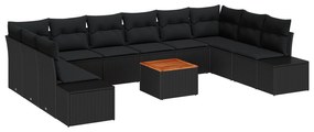 vidaXL 11 Τεμαχίων Σετ Καναπέ Κήπου Με Μαξιλάρια Μαύρο Πολυ Ρατάν Ακακία