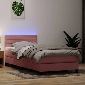 vidaXL Κρεβάτι Boxspring με Στρώμα &amp; LED ροζ 90x210 εκ. Βελούδινο