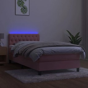 vidaXL Κρεβάτι Boxspring με Στρώμα &amp; LED Ροζ 90x200 εκ. Βελούδινο