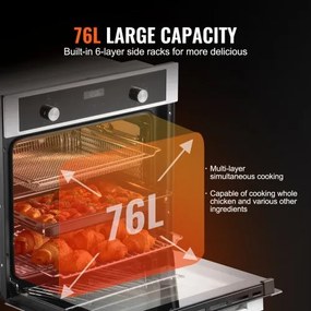 VEVOR Single Wall Oven 24" Electric Built-in Wall Oven 9 Functions 2.68 Cu. Ft