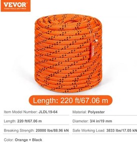 VEVOR Arborist Tree Climbing Rope Double Braid Polyester 1,9 cm (3/4") x 67,1 m (220') 24-Strand