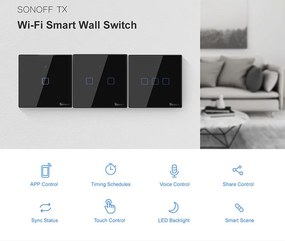 SONOFF smart διακόπτης ΤΧ-T3EU2C, αφής, Wi-Fi, διπλός, μαύρος