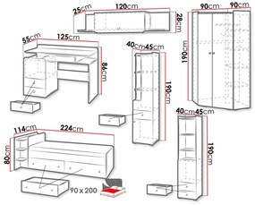 Παιδικό δωμάτιο Omaha N134, 301 kg, Γκρι, Άσπρο, Ξεθωριασμένη βελανιδιά, Πλαστικοποιημένη μοριοσανίδα, Τάβλες για Κρεβάτι, Αποθηκευτικός χώρος