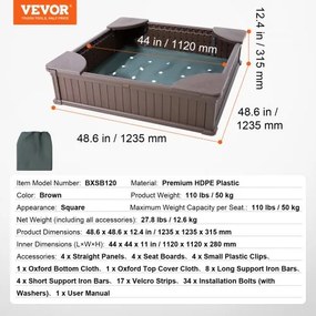 VEVOR Sandbox with Cover Square Sand Box HDPE Sand Pit Outdoor Backyard Ages3-12