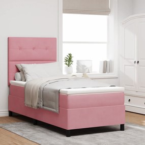 vidaXL Κρεβάτι Box Spring με Στρώμα & LED Ροζ 90x190 cm Βελούδο