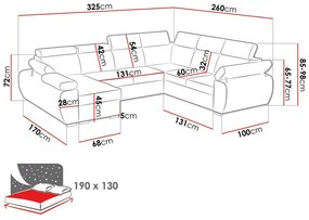 Γωνιακός Καναπές Columbus 214, Λειτουργία ύπνου, Αποθηκευτικός χώρος, 325x260x85cm, Πόδια: Μέταλλο | Epipla1.gr