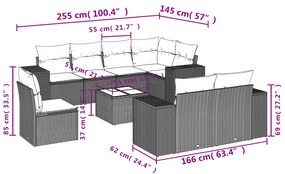 vidaXL Σαλόνι Κήπου Σετ 9 Τεμαχίων Γκρι Συνθετικό Ρατάν με Μαξιλάρια